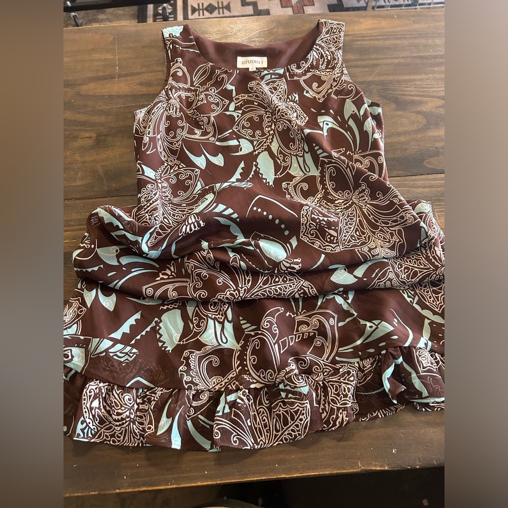 Brown and Blue Patterned Women's Beach Vacation Dress Ankle Length